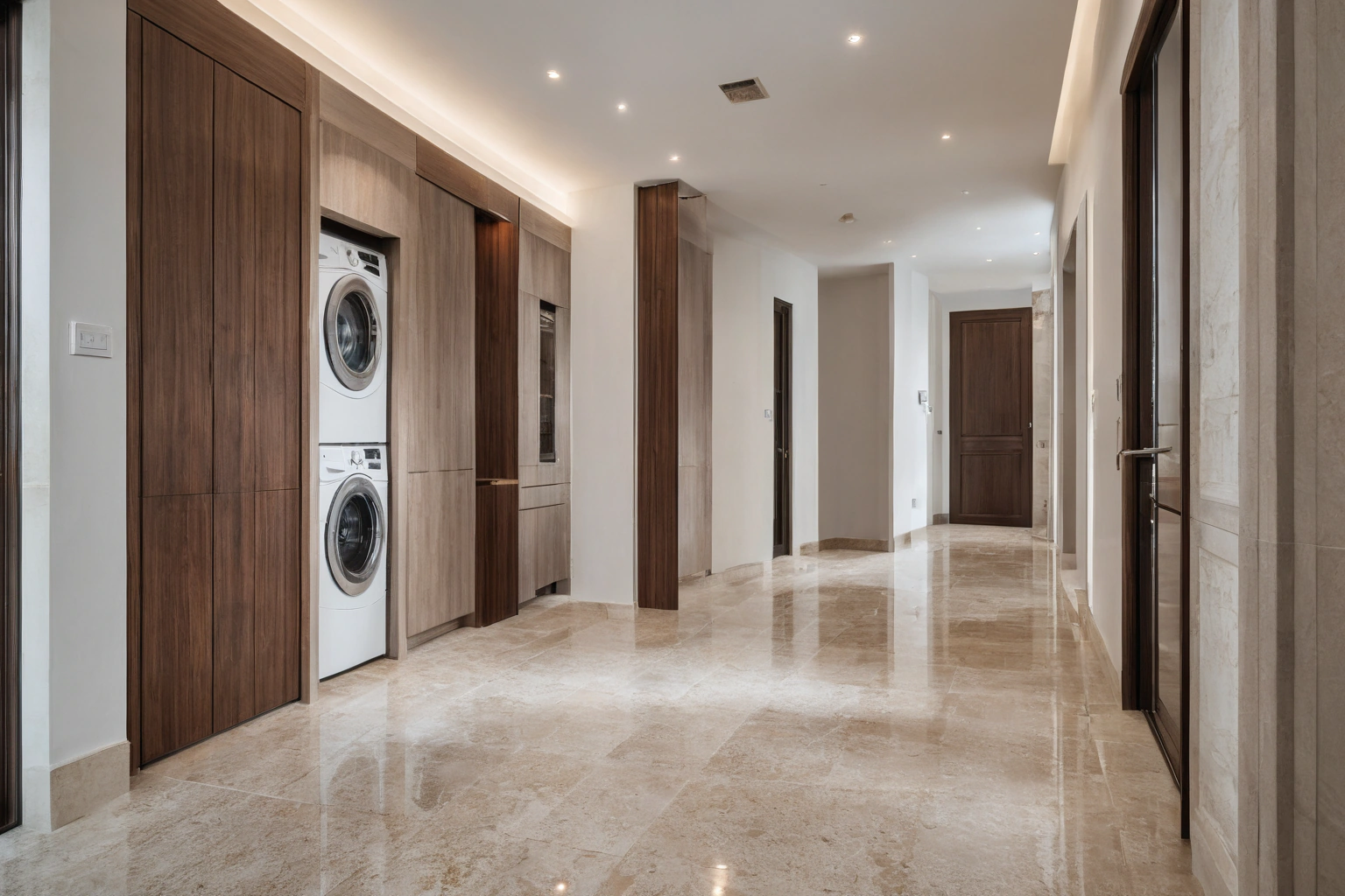 Service corridor connecting kitchen, laundry and storage in a villa