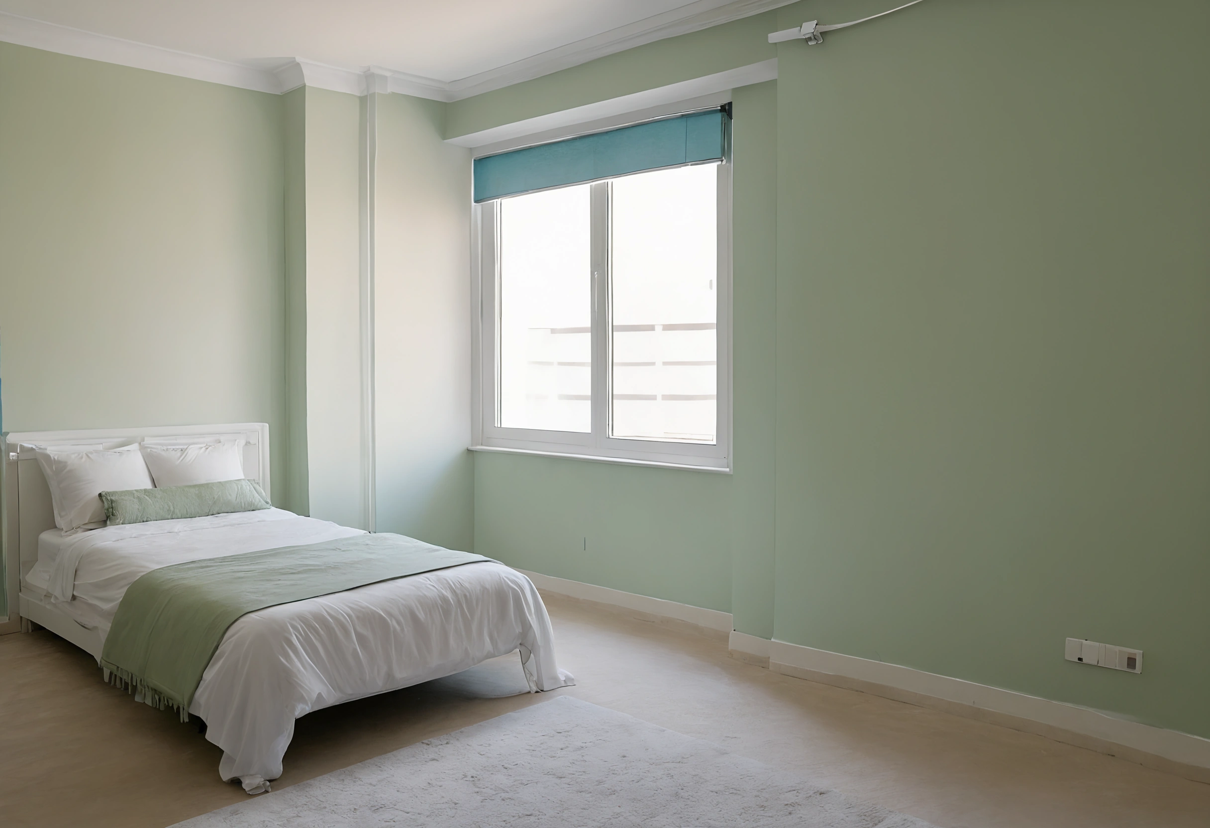 Bedroom in a Dubai apartment freshly repainted in sage green matt emulsion, with a roller blind over the window