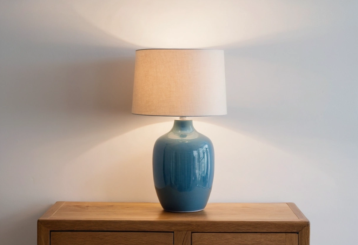 Table lamp casting a warm pool of light on a plain white wall at dusk