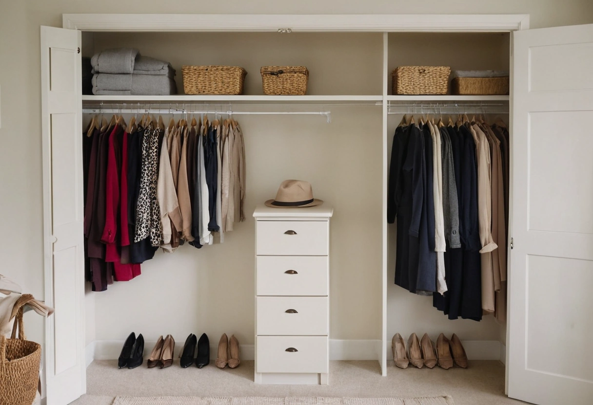 Reach-in closet with double-hang rods on one side and long-hang on the other