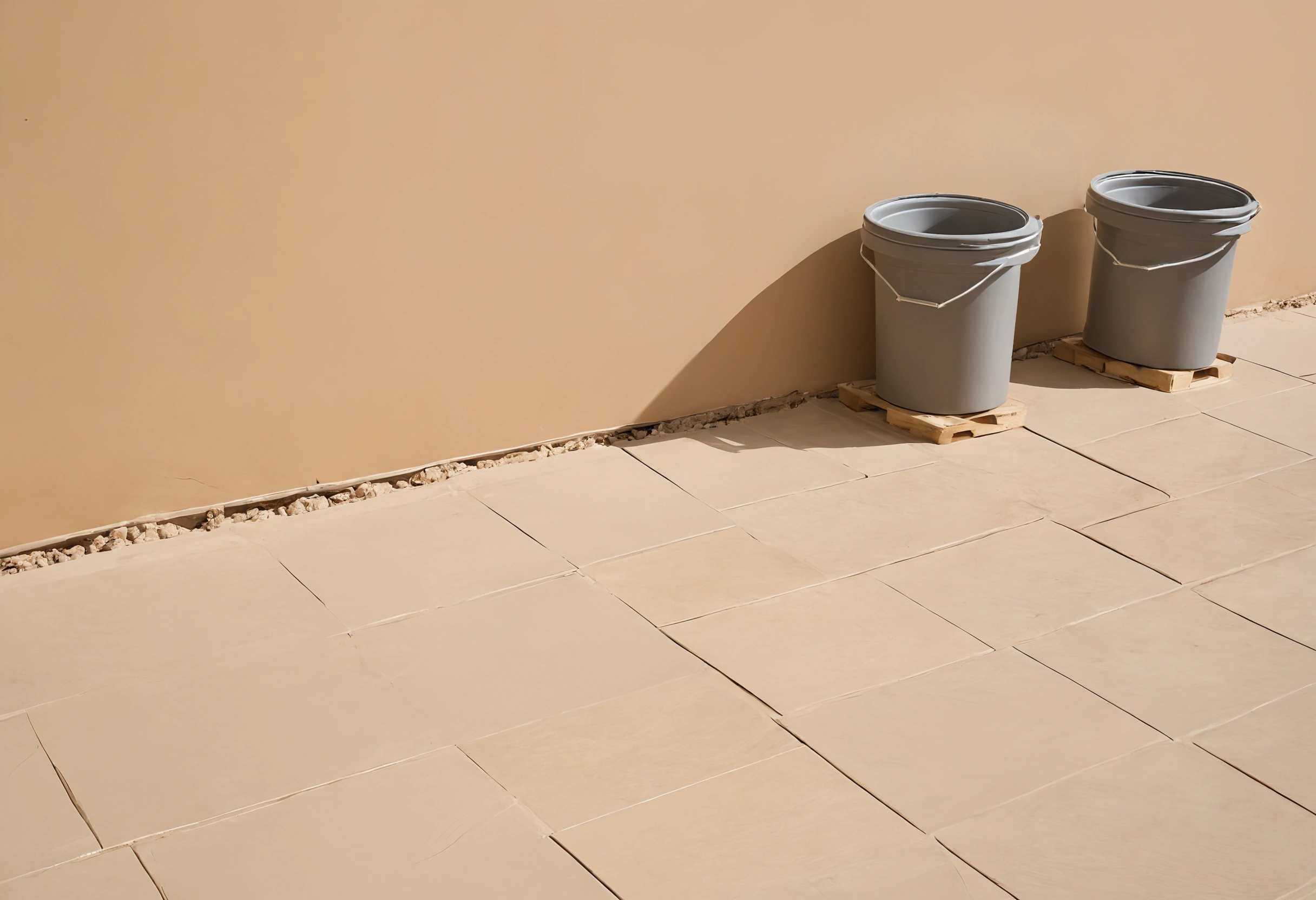 Buckets of tiling material on pallets against a sand-coloured courtyard wall in hard afternoon sun