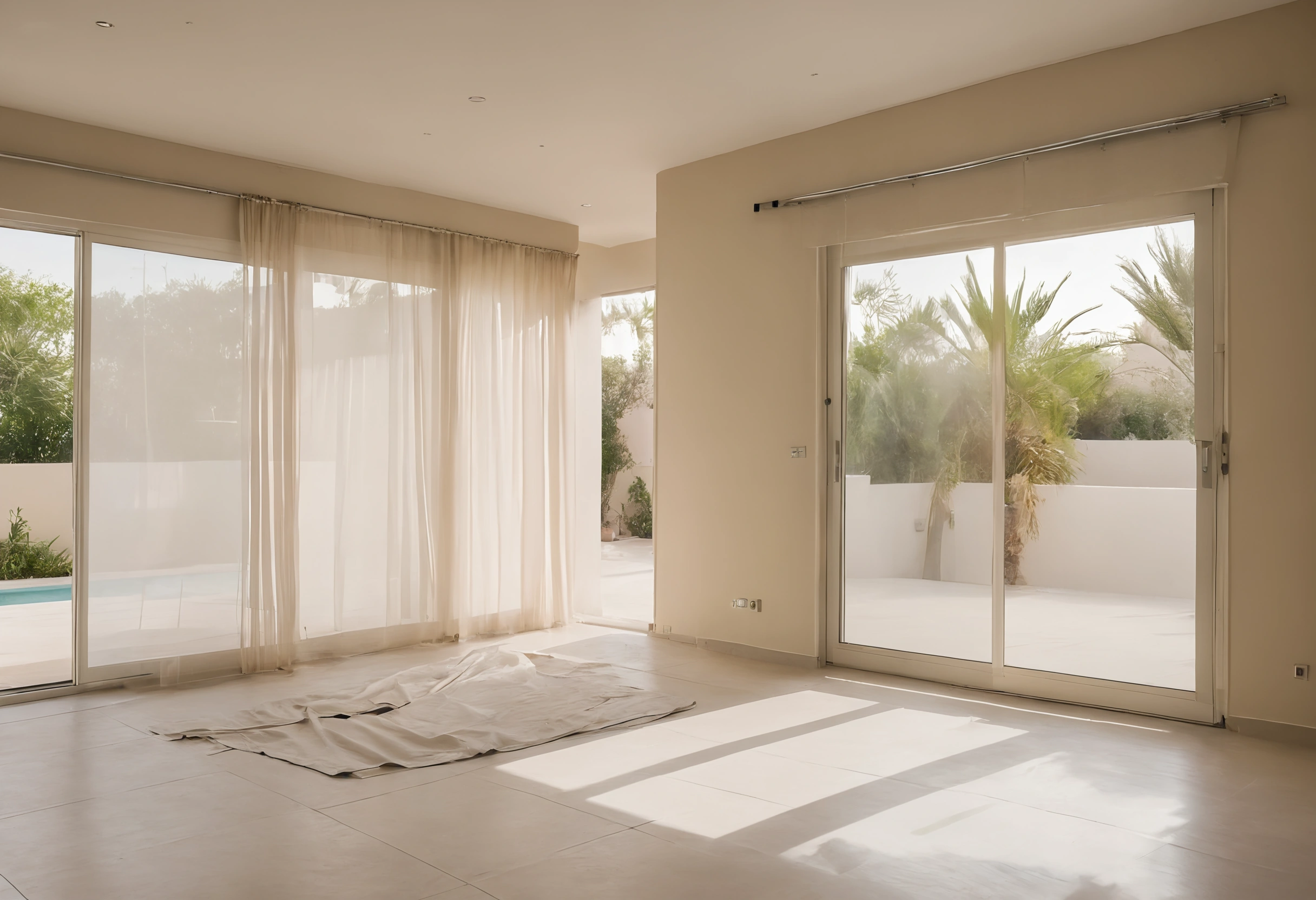 Emptied living room of a Dubai villa cleared for renovation, a dust sheet on the tiled floor and sheer curtains over sliding doors to the garden