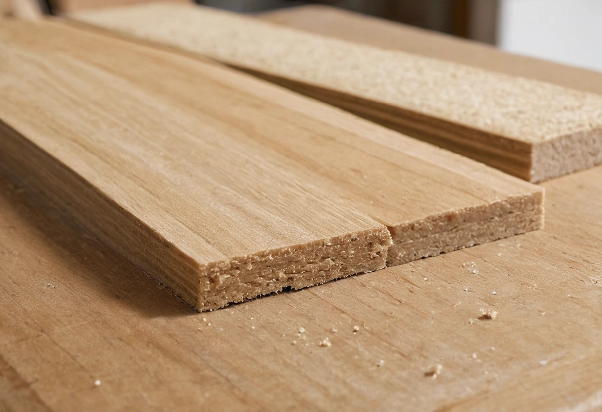 Two flooring board offcuts on a workbench, one showing a layered core and one solid through its thickness