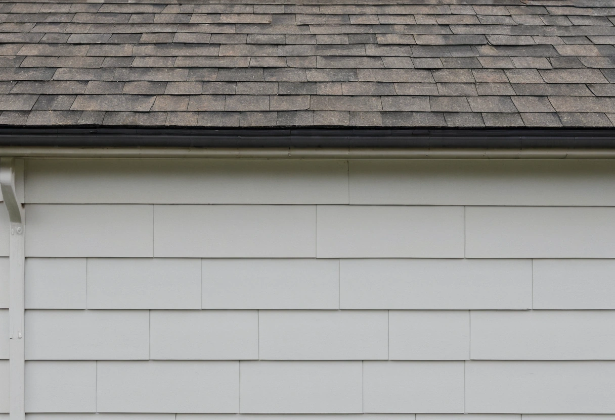 White lap siding running below the shingled roof edge and gutter of a house