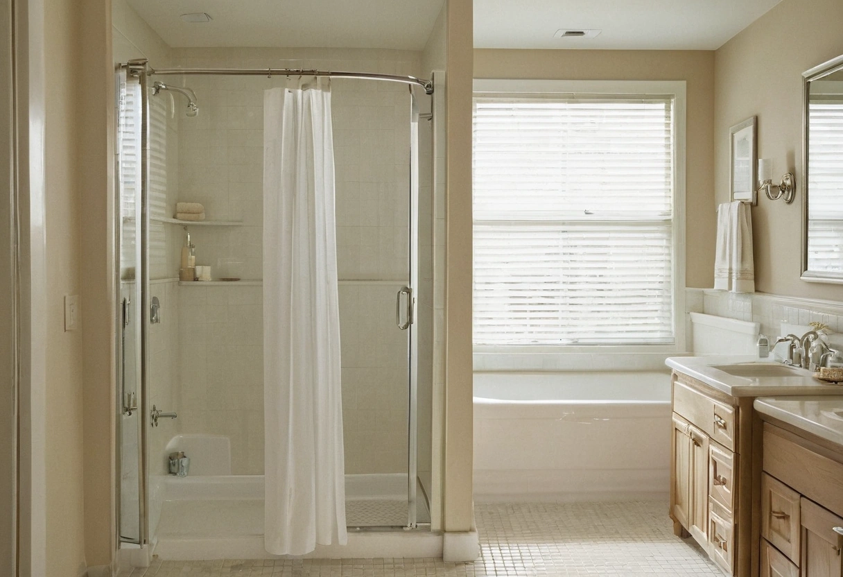 Family bathroom with a glass shower, a tub and a vanity in morning light
