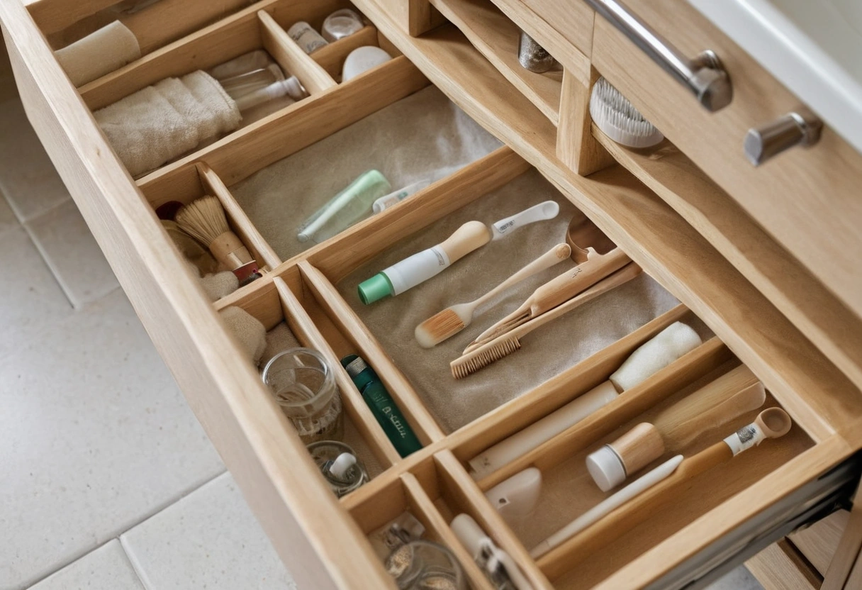 Open drawer fitted with shallow dividers keeping small items sorted in view
