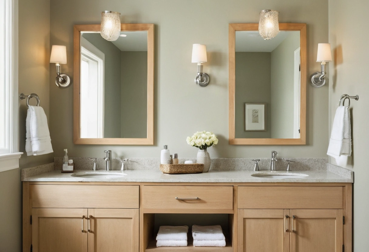 Double vanity with two mirrors and counter space between the basins