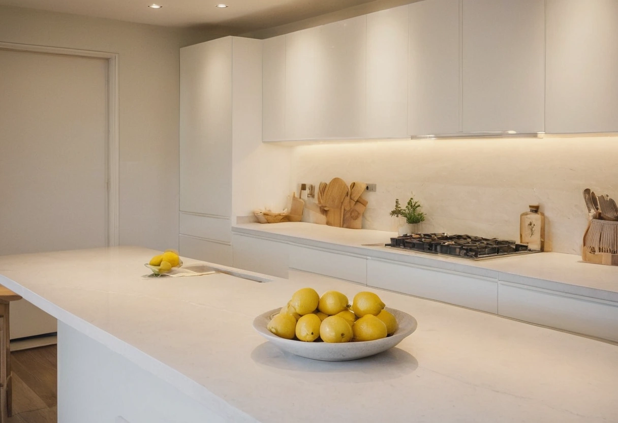 White kitchen counter with a bowl of lemons under even overhead light