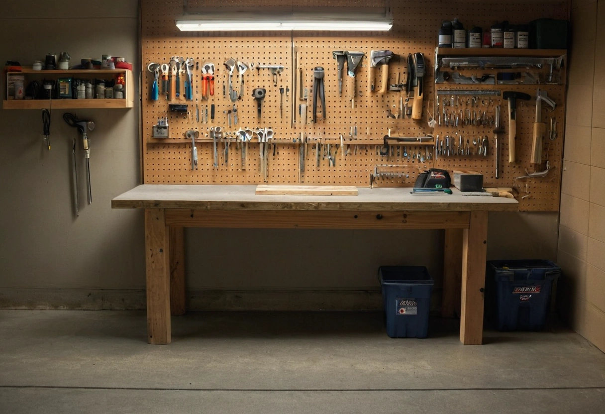 Garage workbench lit by cool overhead shop lighting