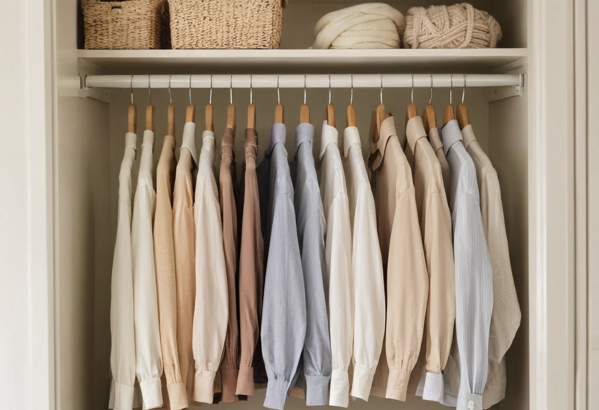 Double hang rods with shirts above and folded stacks on a shelf overhead