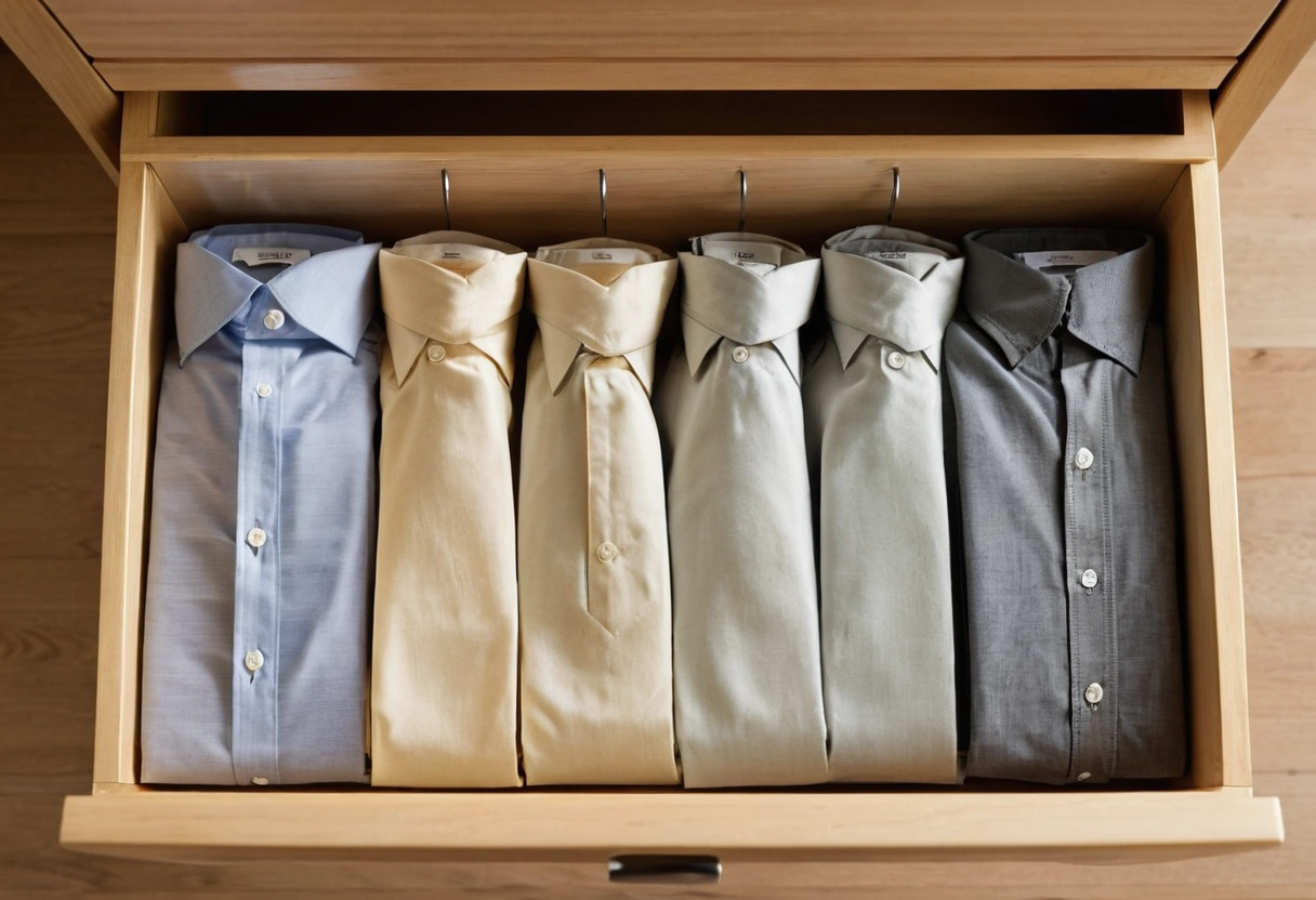 Open closet drawer showing folded clothes laid out in a single visible layer