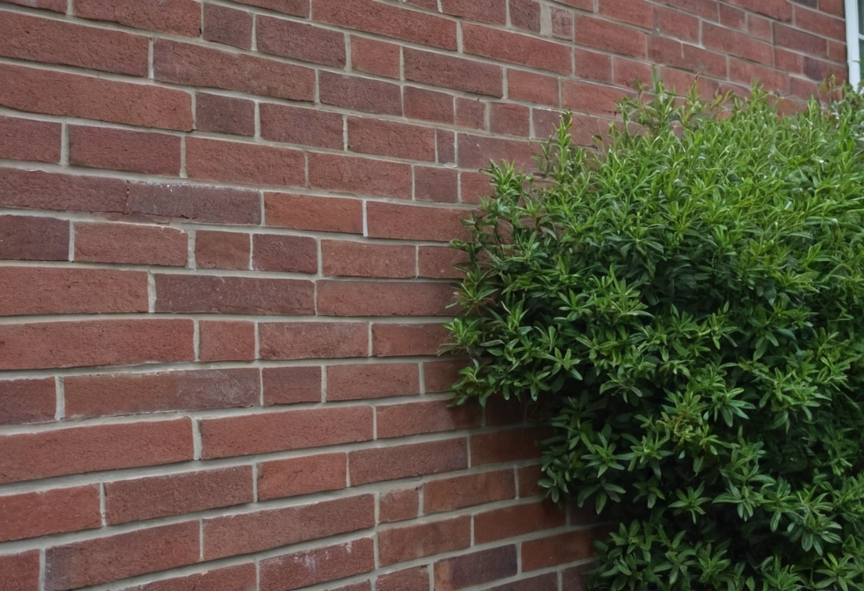 Red brick house wall with clipped shrubs planted along its base