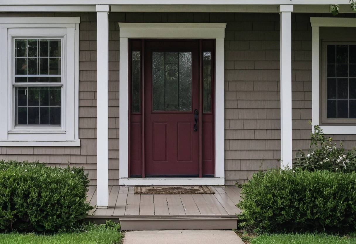 Saturated front door color set against a muted house body color