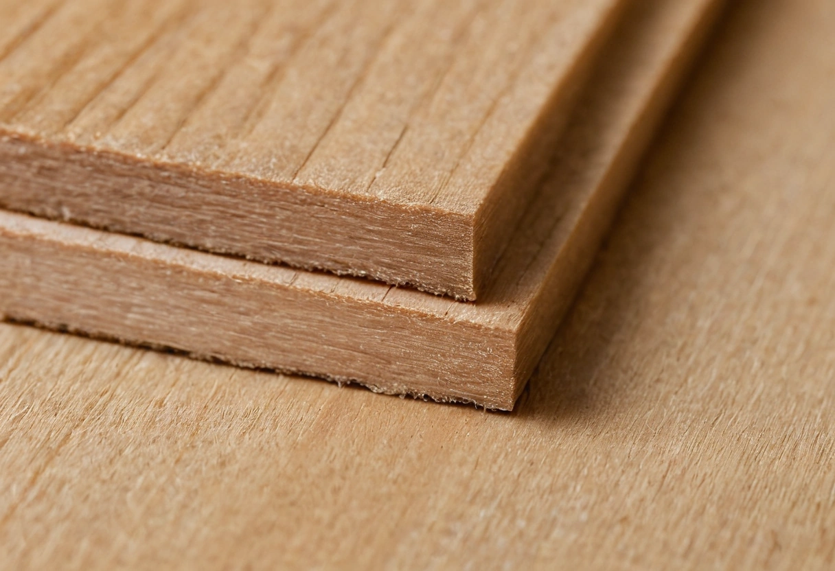Cut edge of an engineered board showing the layered core beneath the wear layer