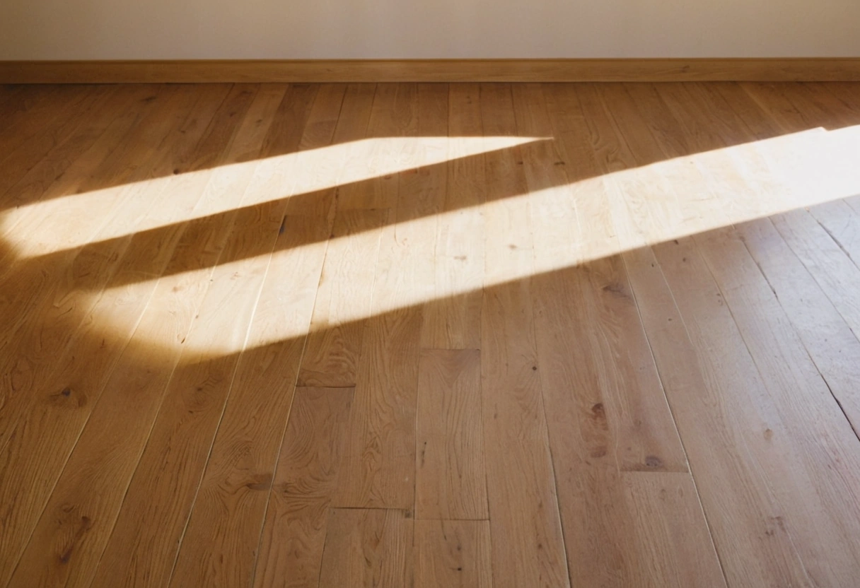 Wide oak planks running across a sunlit room with visible grain variation
