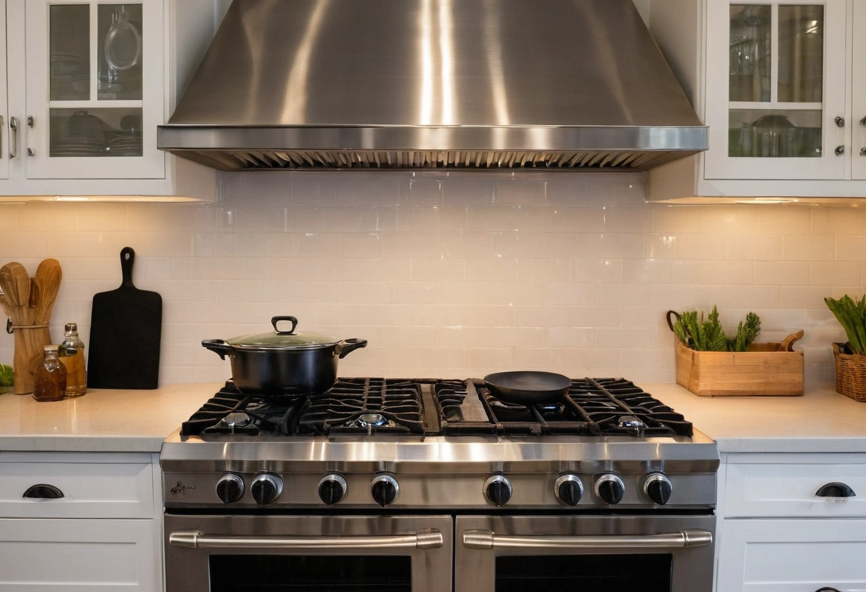 Gas burners under a stainless hood with a wide pan on the front ring
