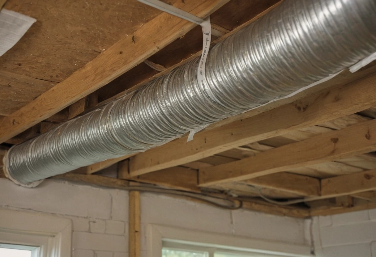 Round metal ducting running above a kitchen ceiling toward an exterior wall