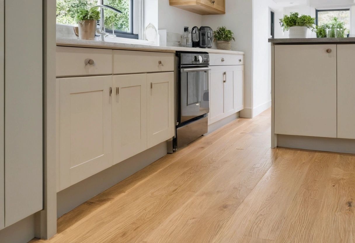 Walking aisle running between a kitchen island and the opposite run of base cabinets