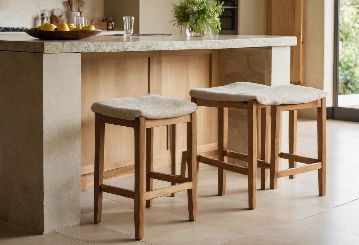Counter stools tucked under a stone island overhang with knee space showing beneath