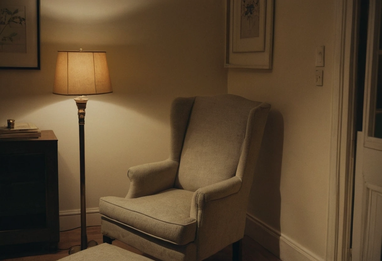 Floor lamp beside a reading chair with the shade at the height of a seated shoulder