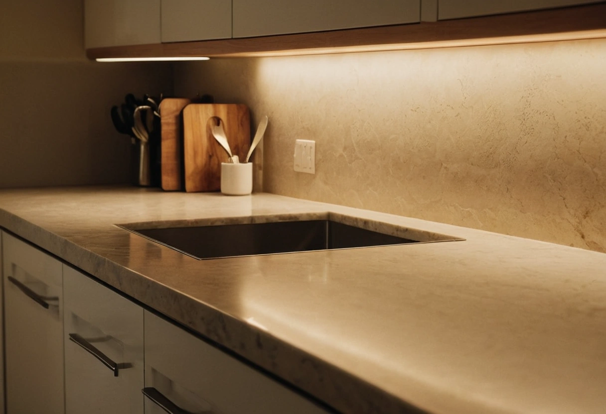 Under cabinet lighting throwing an even band of light across a kitchen counter