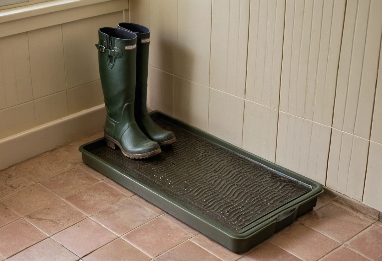 Tiled mudroom floor with a boot tray and wet footprints near the door