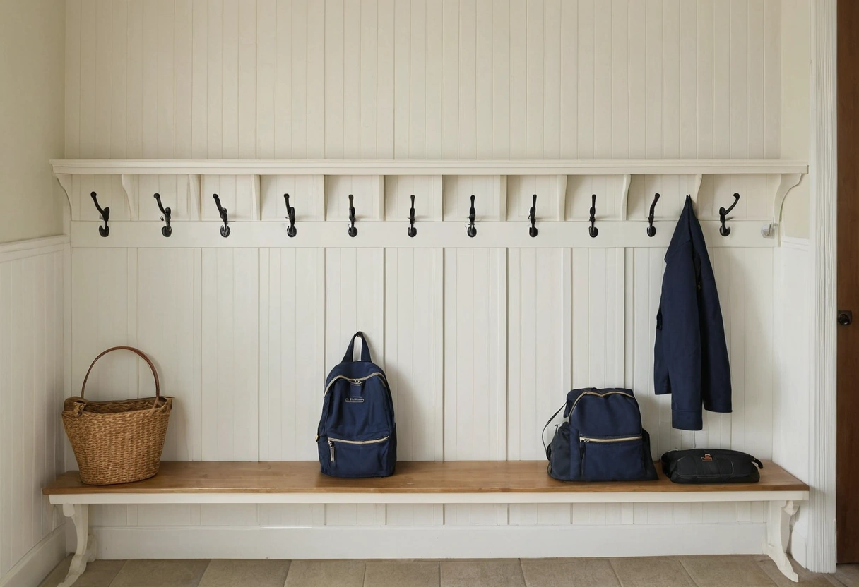 Coat hooks mounted at an adult height and a lower child height on a panelled wall