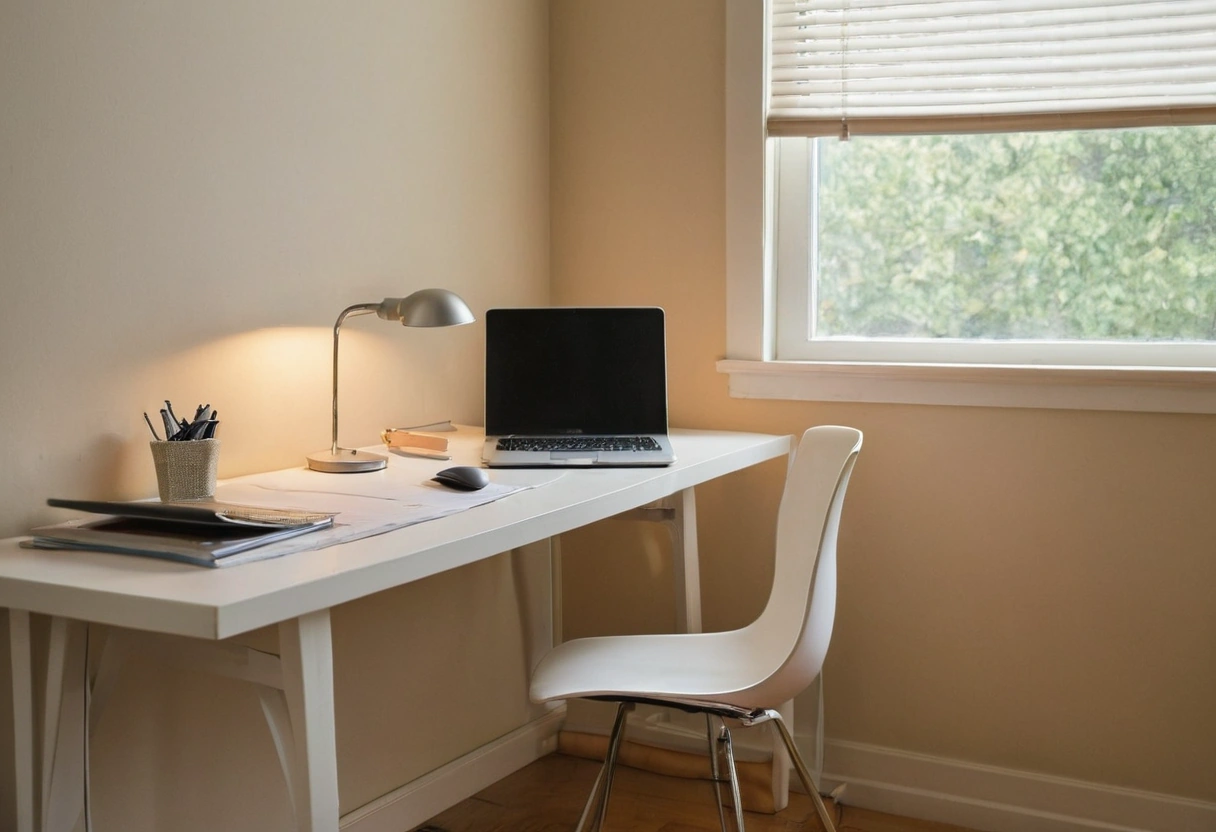 Desk placed with a window to the left of the seat rather than behind it
