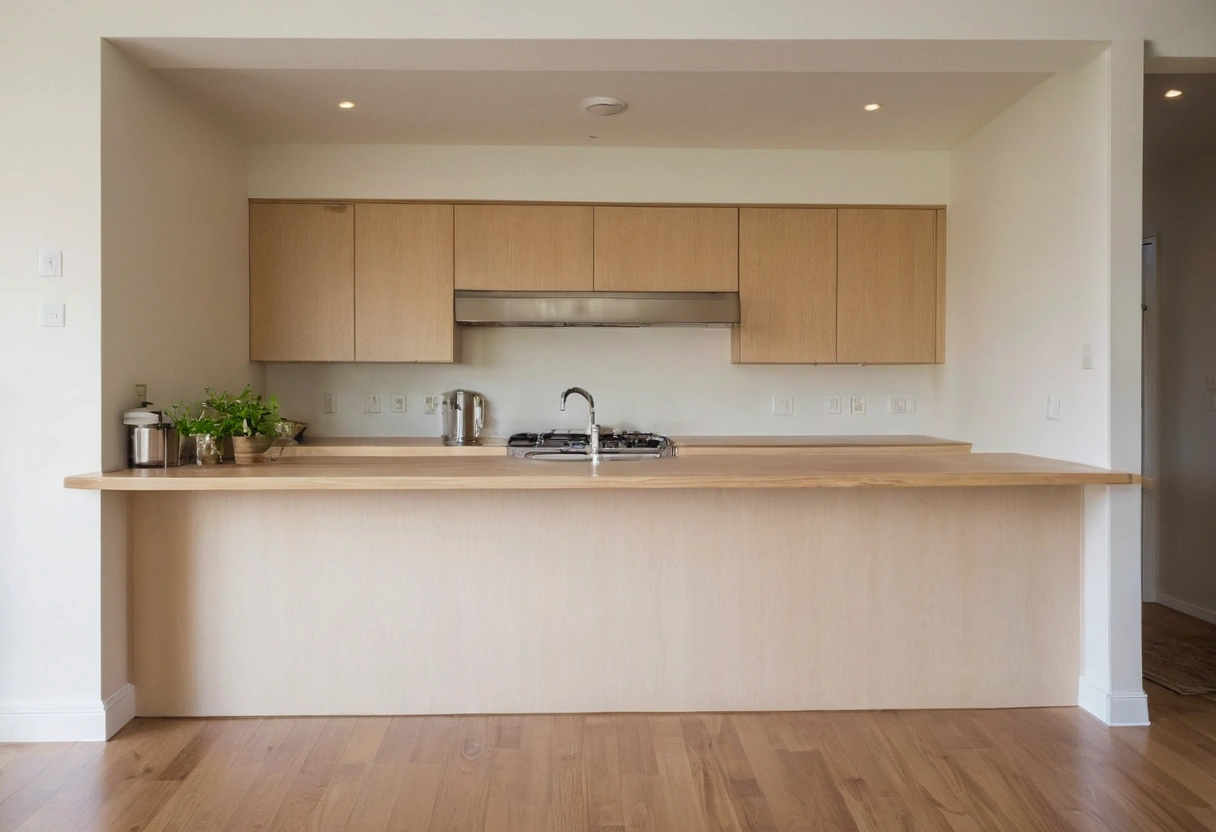 Half wall at counter height separating a kitchen from a living room with an open span above