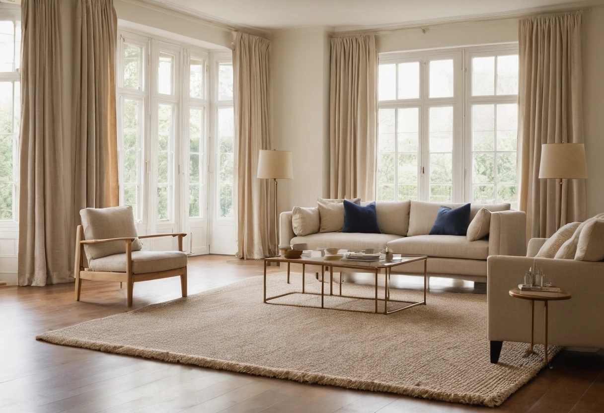Large wool rug anchoring the seating area of an open plan room