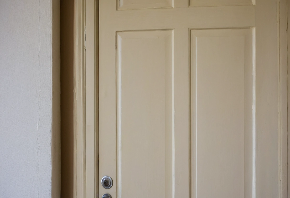 Door casing painted in a higher sheen against a flatter wall finish