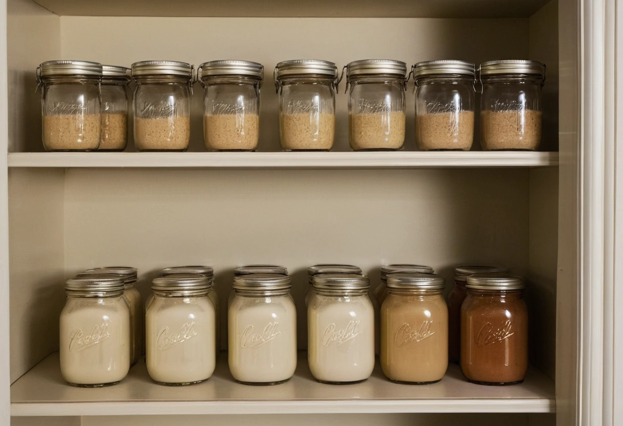 Deep pantry shelf with a front row of jars hiding a second row behind