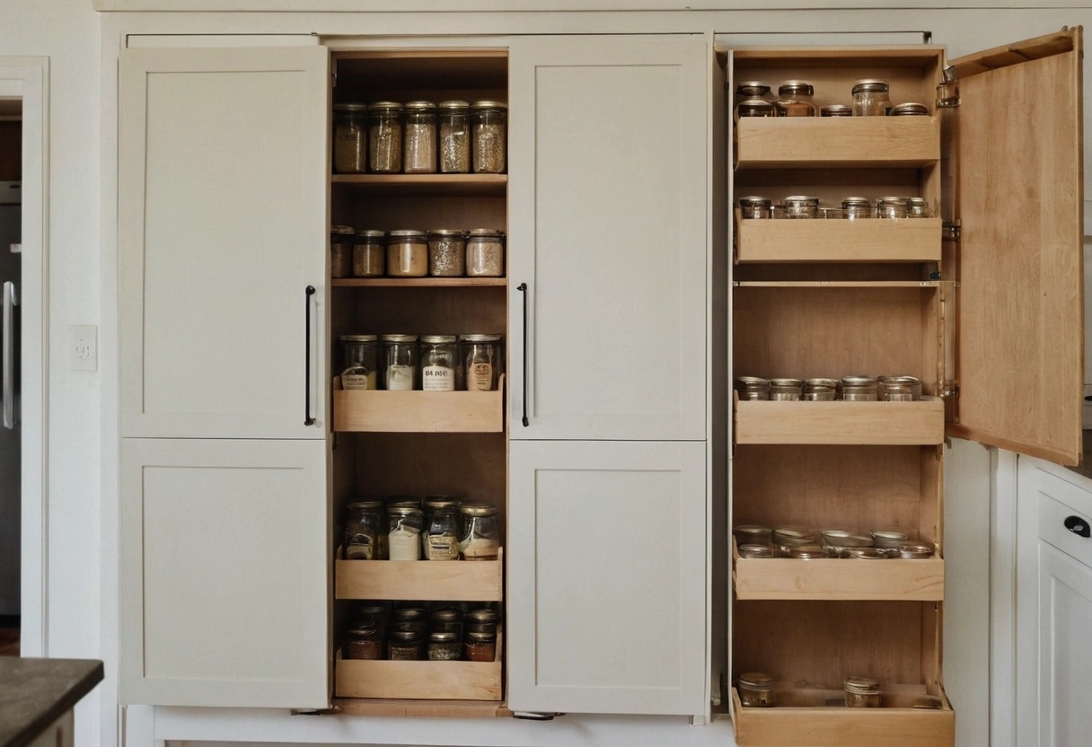 Pull out pantry shelf drawn fully into the room with its contents in the light