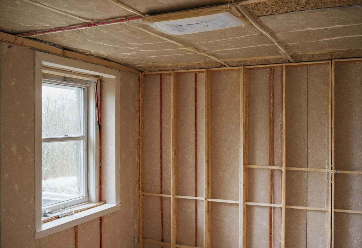 Room framed out with studs and ceiling joists still exposed before insulation