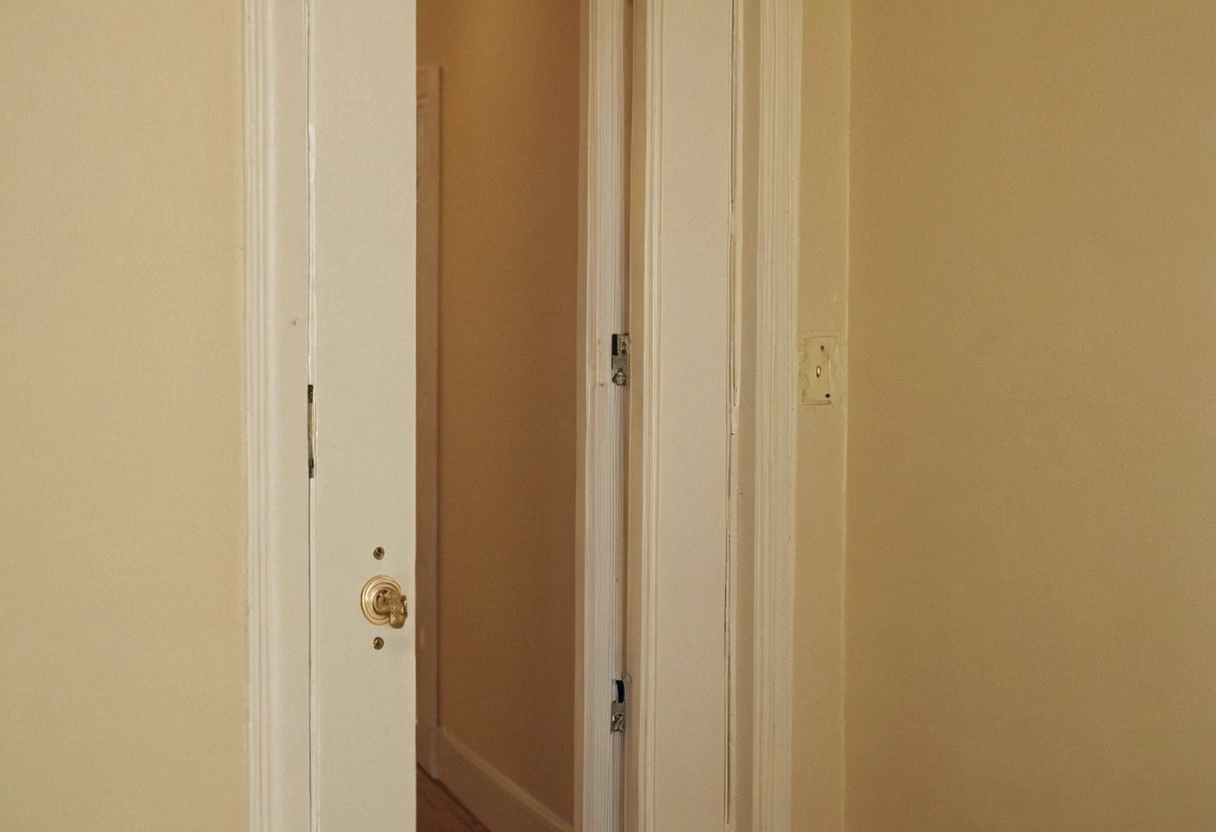 Interior door standing open against the hallway wall beside a doorway