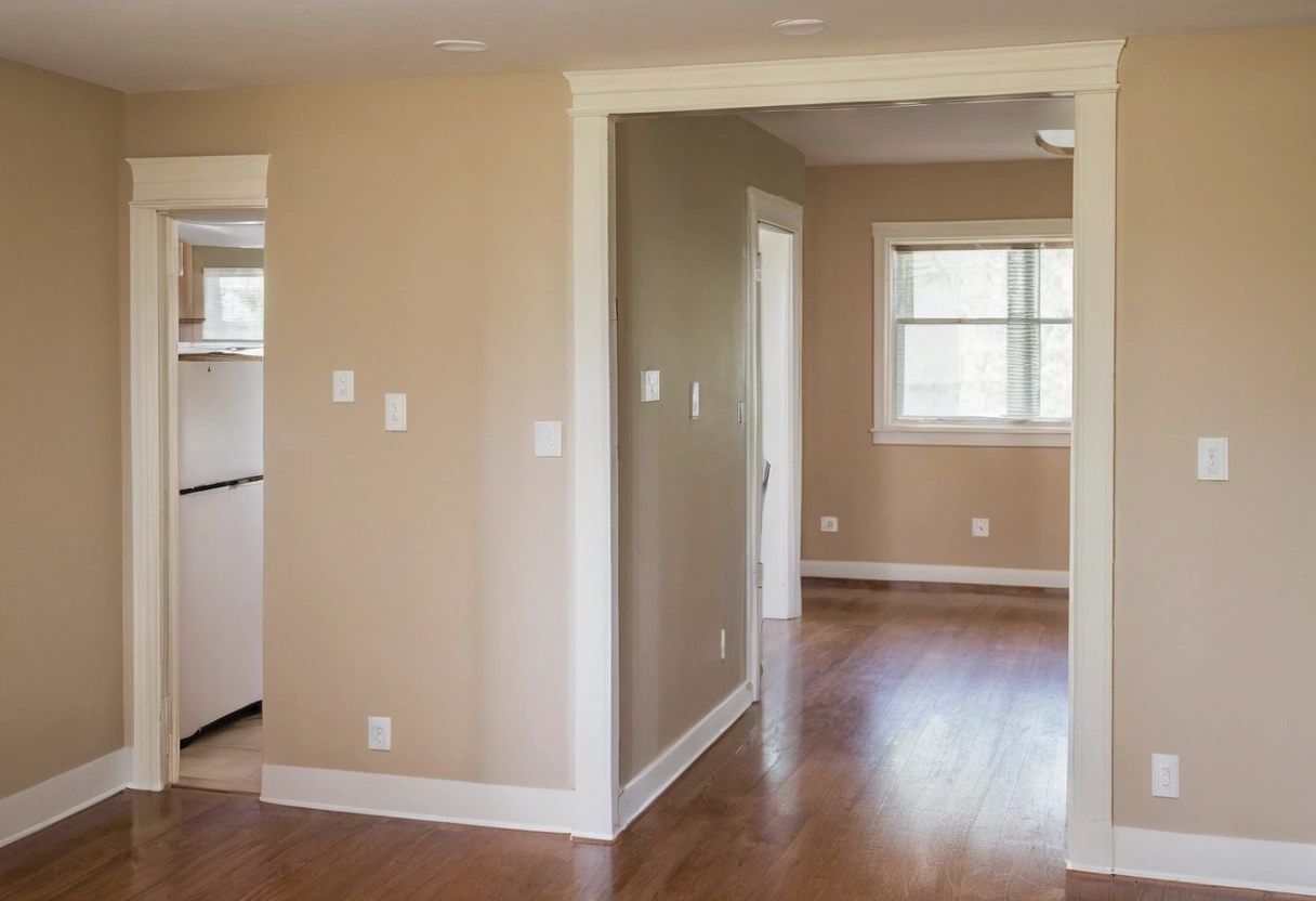 Wide cased opening between two rooms with thickened jambs at each side