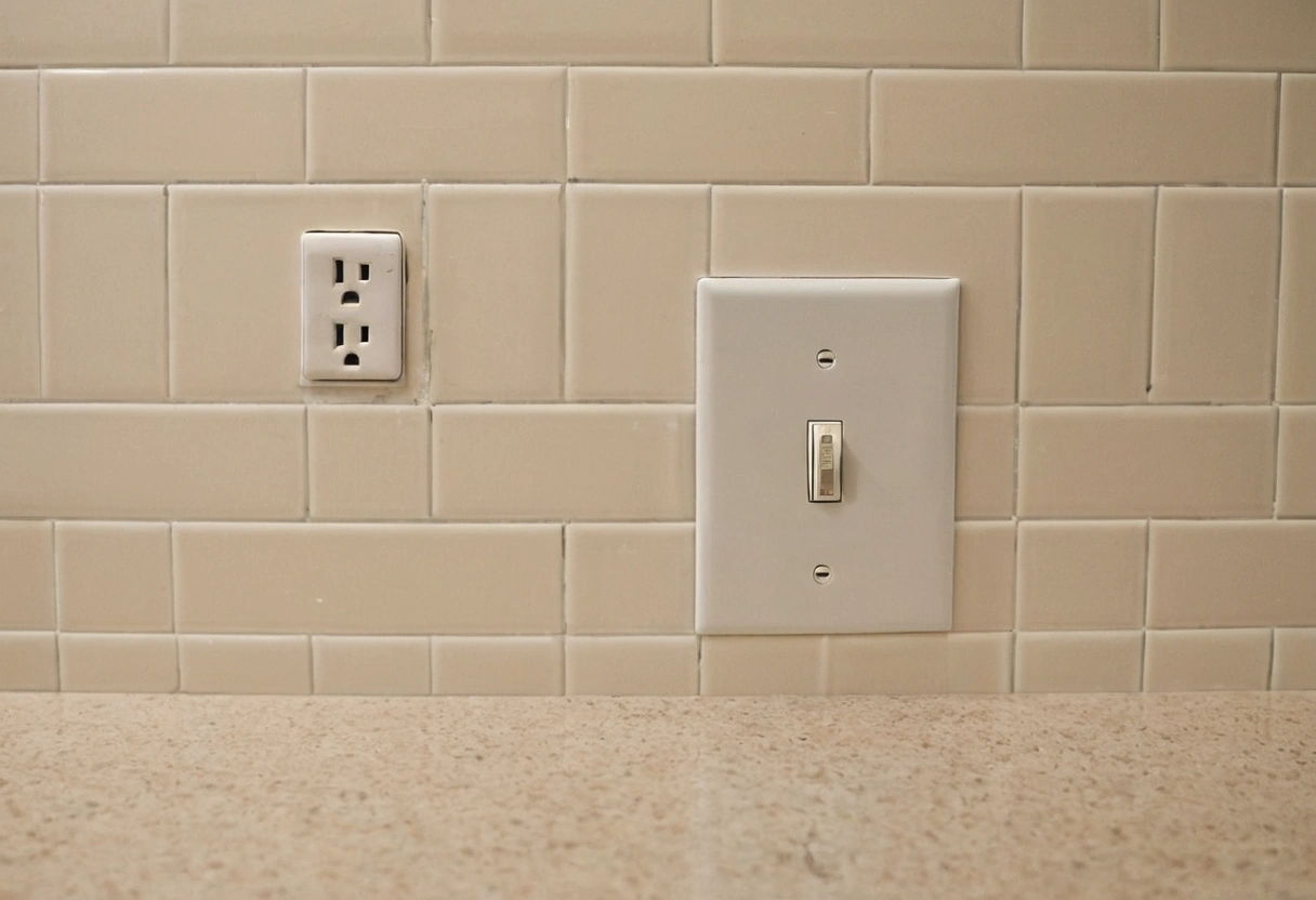 Outlet and switch plates lined up with the tile courses of a backsplash