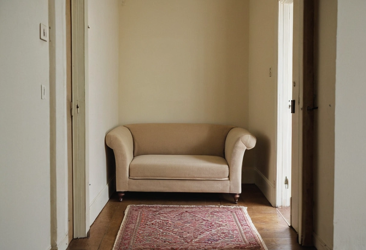 Upholstered seat section standing on end beside a doorway during a delivery