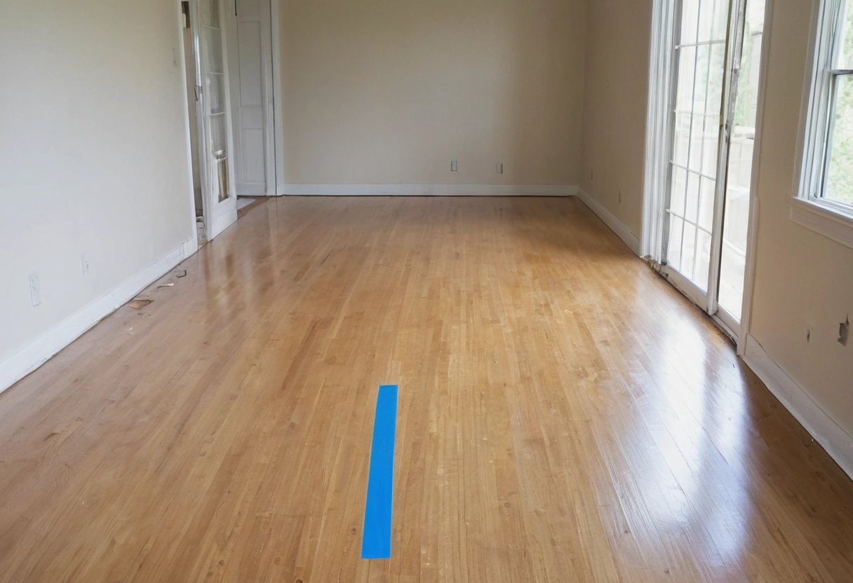Strip of painter's tape marking a planned furniture position on a bare wood floor
