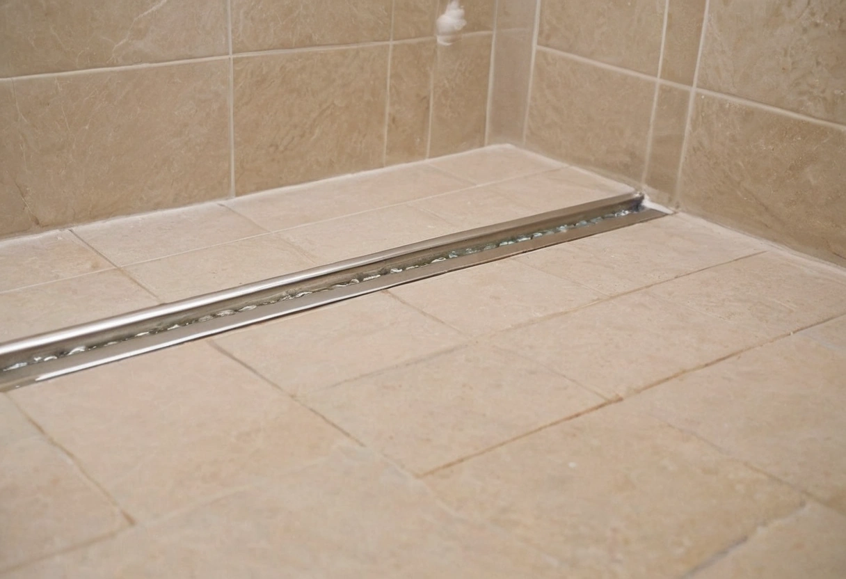 Stainless linear drain channel set flush into a tiled shower floor at the wall