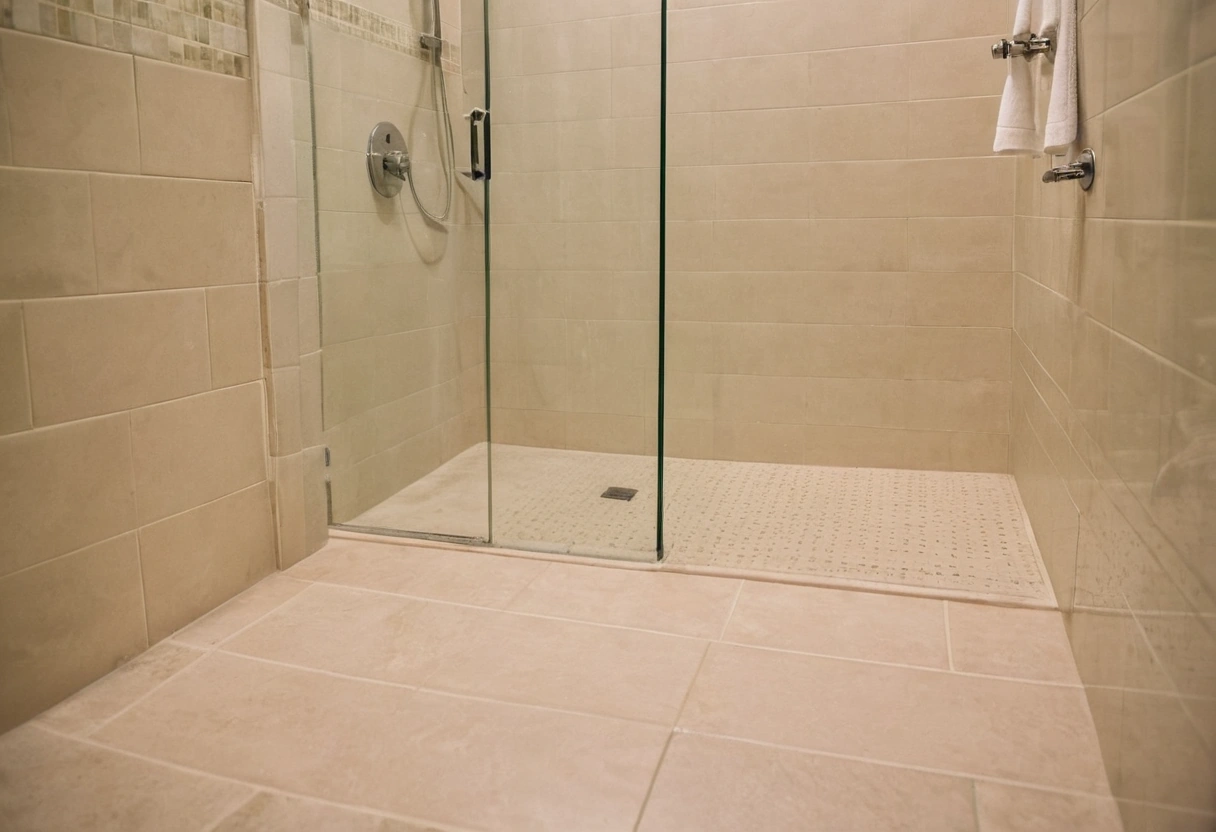 Tiled shower with a frameless glass panel and a low tiled threshold at the entry