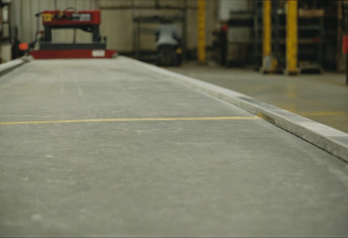 Floor of a stone fabrication shop with slab handling gear along the bay