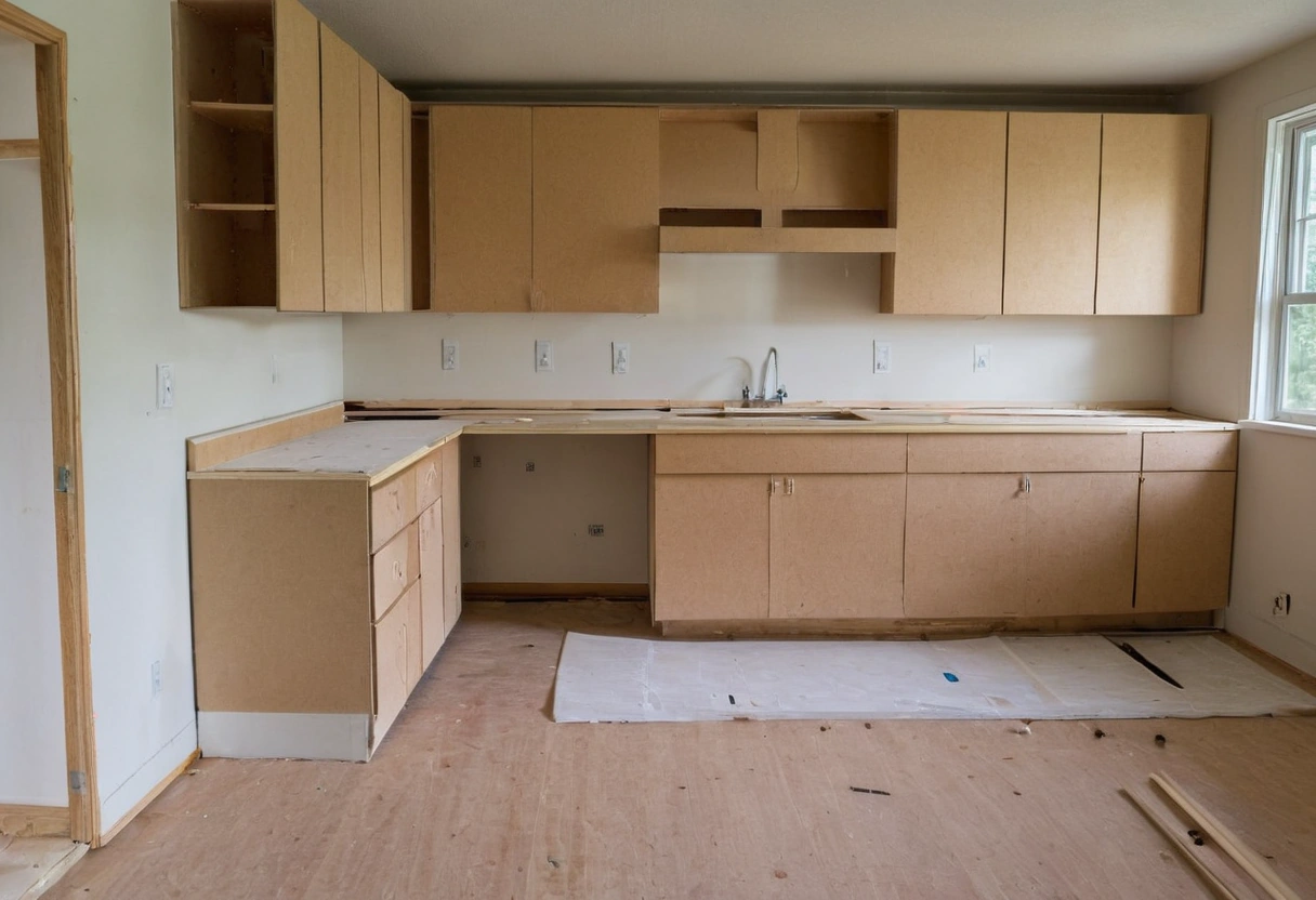 New cabinets installed with plywood strips where countertops will land