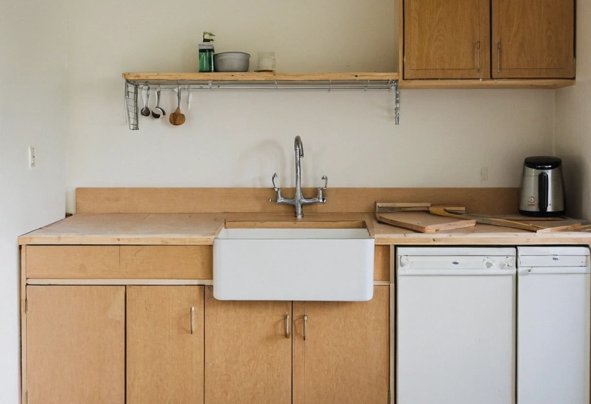 Unfinished kitchen with the sink connected and open shelving not yet loaded