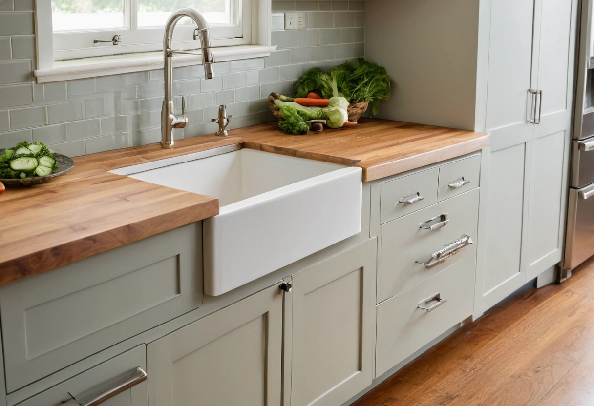 Cutting board with vegetable trimmings beside an open dishwasher and a sink in one working stretch