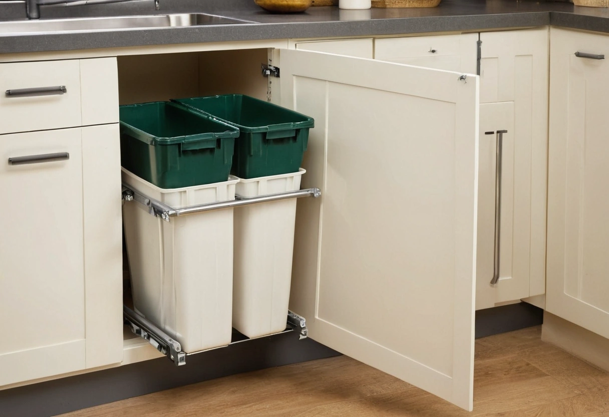 Two bins riding on full extension slides in an open kitchen base cabinet