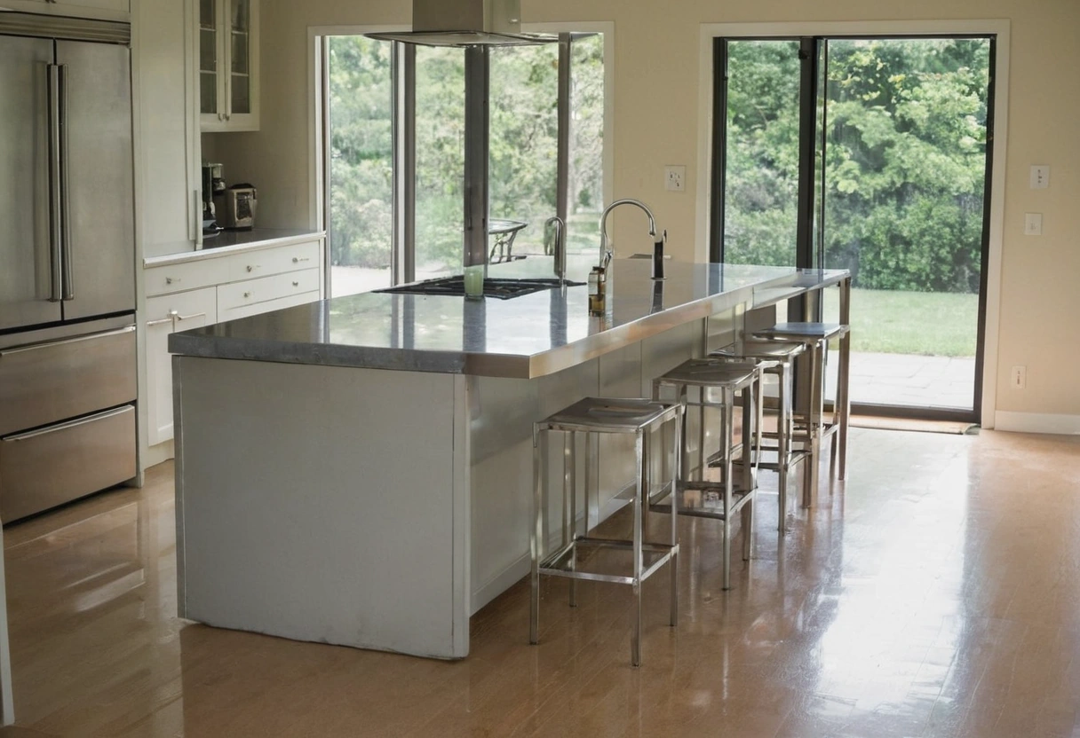 Long kitchen island with counter stools in an open kitchen with glass doors to the garden