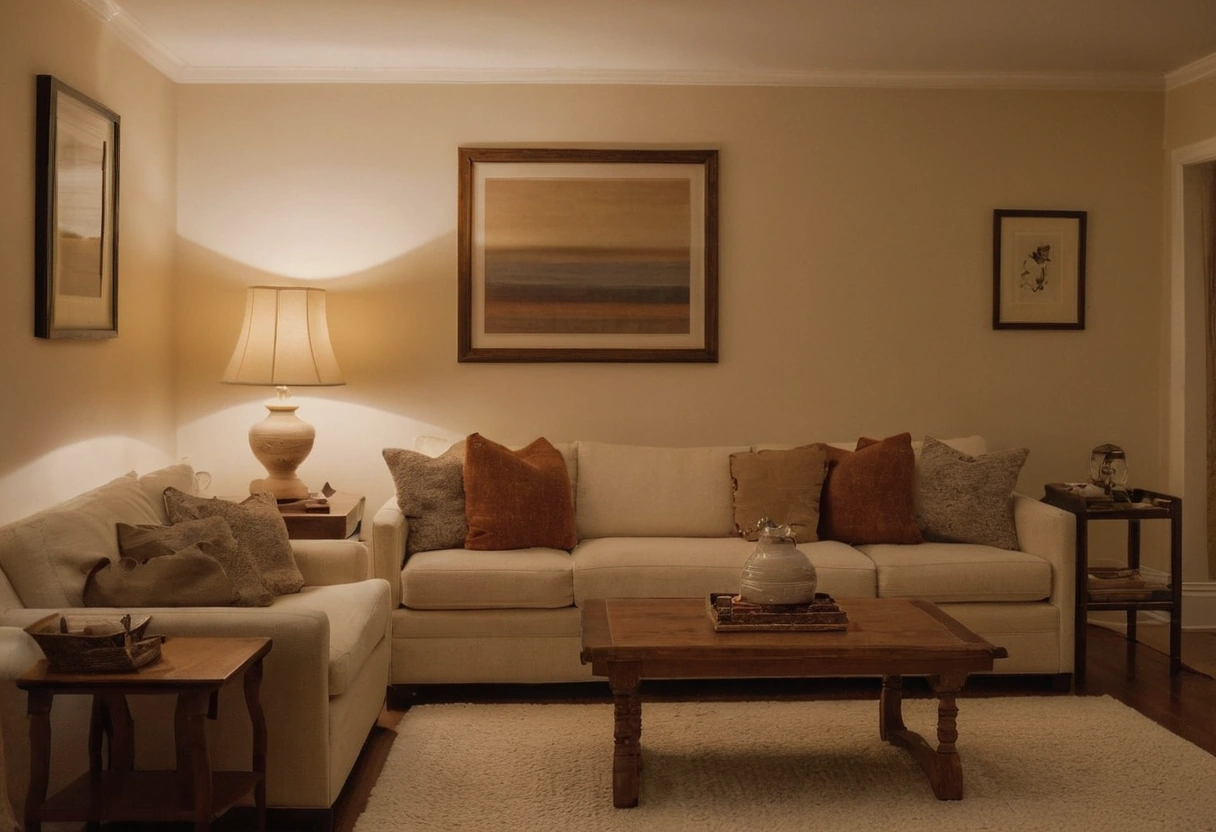 Living room lit by a single table lamp with framed art on the wall above the sofa
