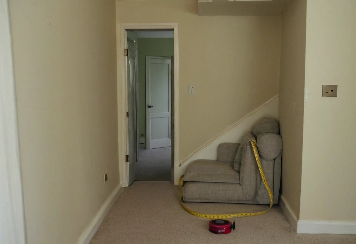 Empty room with a tape measure on the carpet beside a wrapped upholstered piece