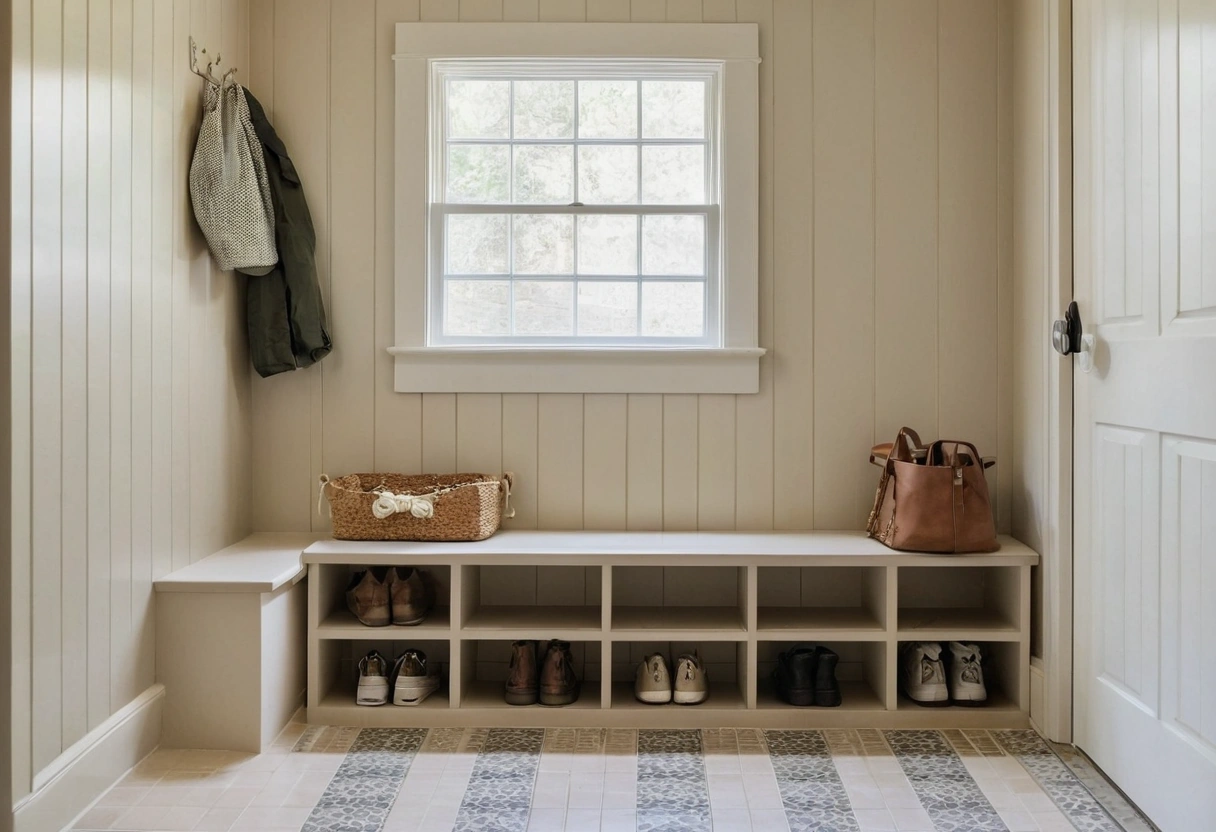 Mudroom bench with hooks at two heights, boots underneath and a dog leash hanging